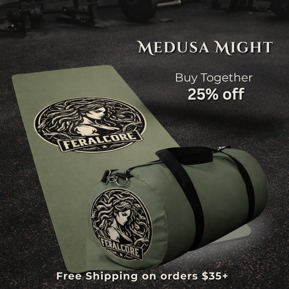 Medusa Yoga Mat | Olive Non-Slip Rubber Workout Mat with Strap | Feralcore Medusa Collection