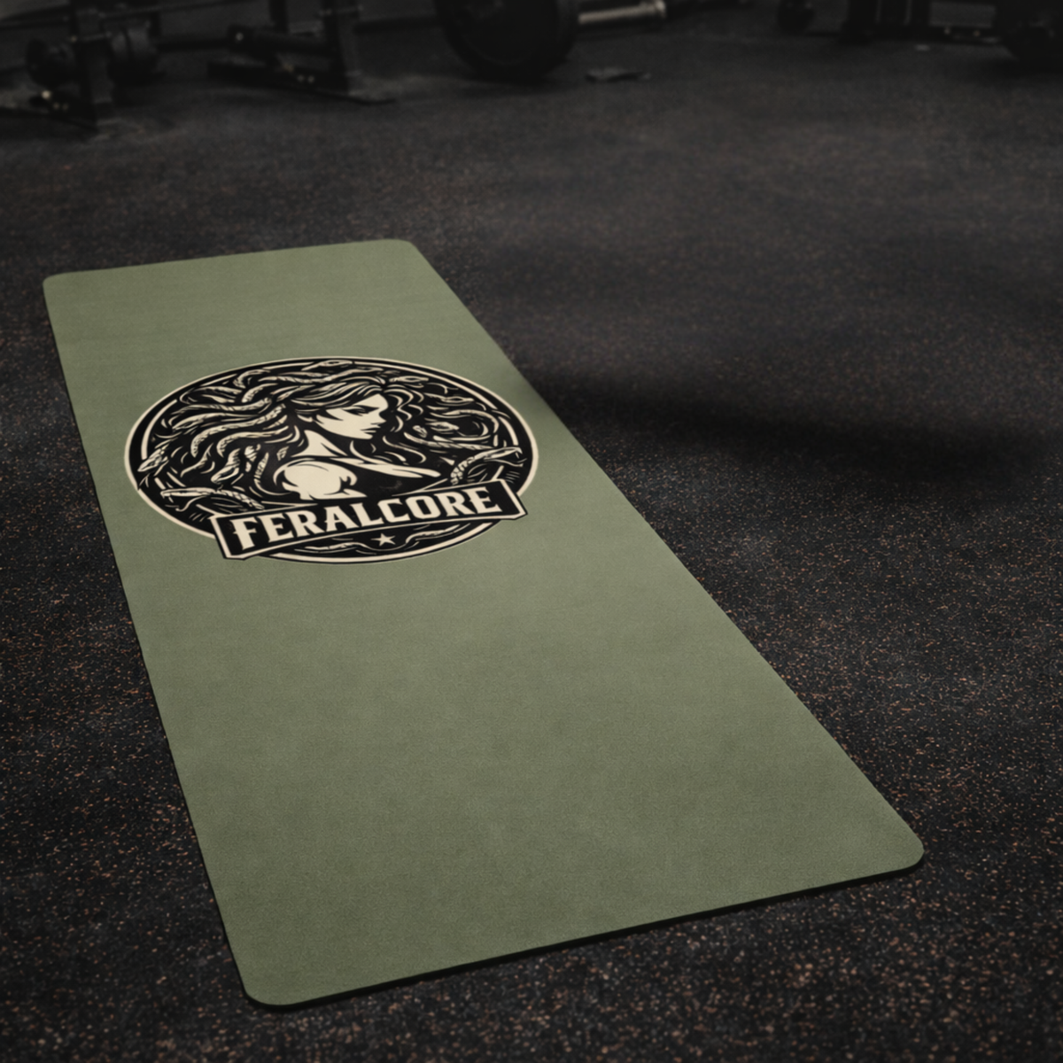 Medusa Yoga Mat | Olive Non-Slip Rubber Workout Mat with Strap | Feralcore Medusa Collection